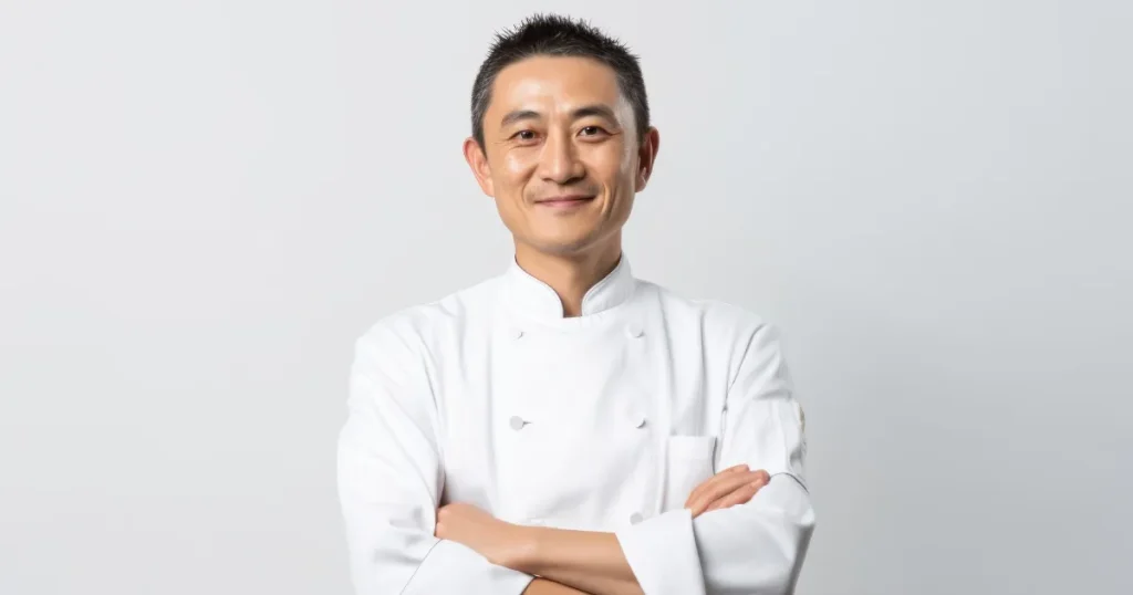 白いシェフコートを着て腕を組み、リラックスした表情を浮かべるプロの調理師。調理師・料理人の仕事のプロフェッショナルなイメージを伝える写真。