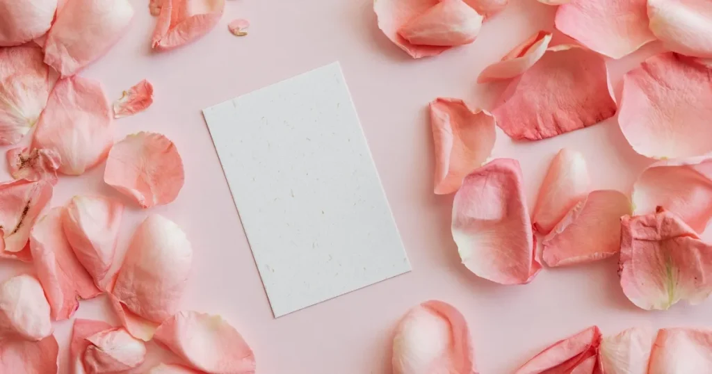 ピンクの花びらと白いメッセージカードが置かれたシンプルで上品なデザイン - お菓子に添えるメッセージカードの選び方を説明するセクションに関連した画像