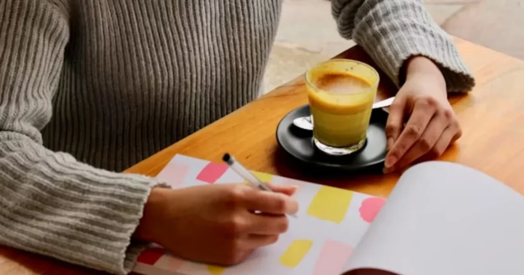 自己分析を進めるため、ノートにメモを取る人の手元。カフェで落ち着いた環境で自己分析を行っている様子を描写しています。