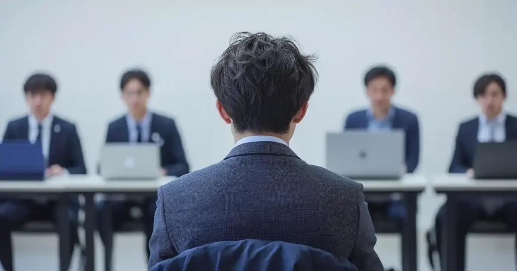 面接官と対面しているスーツ姿の男性の後ろ姿。面接態度やマナーの重要性を示すイメージ。