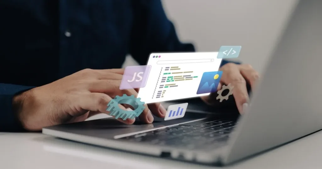 ノートパソコンで作業する手とデジタルアイコン - 就職情報サイトを活用して内定を獲得するプロセスを象徴するイメージ