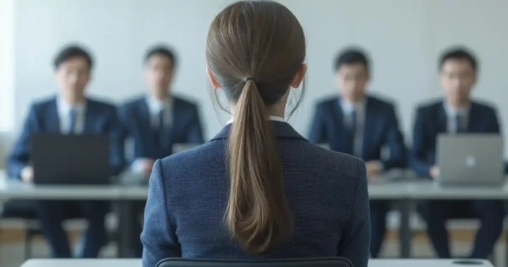 面接官と対面するスーツ姿の女性候補者の後ろ姿。面接の重要性について説明するセクションに関連する画像。