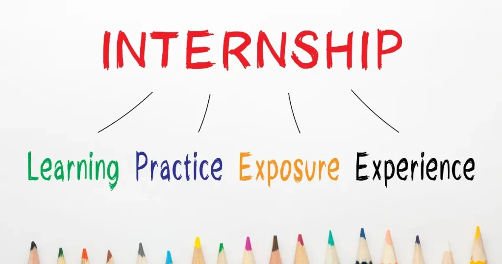 INTERNSHIPの文字とその下にLearning、Practice、Exposure、Experienceと書かれたイラスト - インターンシップの基本的な概要を説明するイメージ
