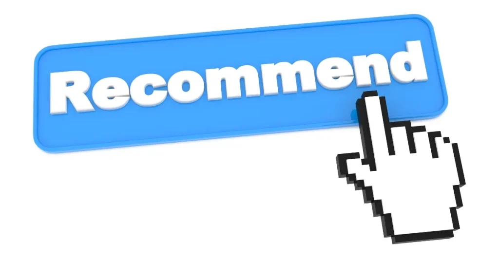 「Recommend」と書かれた青いボタンとクリックを示すアイコン。学校推薦の求人票を活用するプロセスを象徴的に表現。