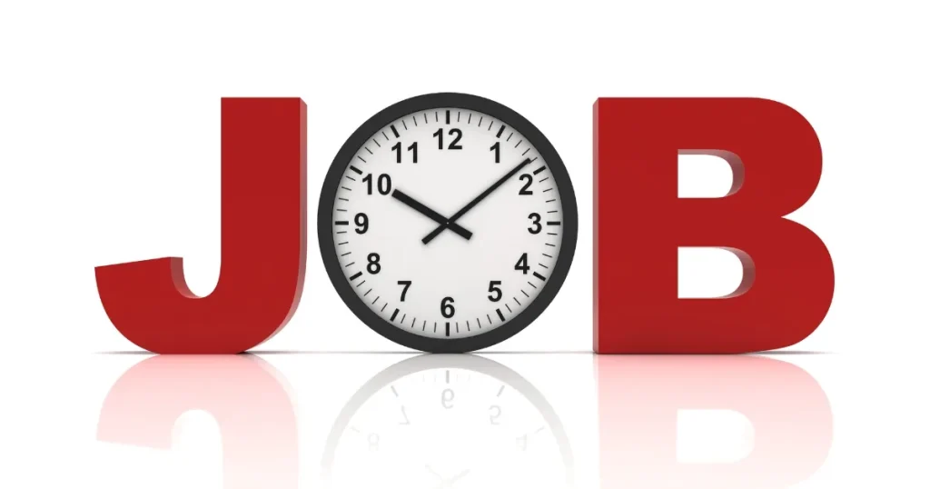 「JOB」という文字の中央に時計が組み込まれたデザイン。時計は時間を象徴し、アルバイトや仕事における時間管理や重要性を示唆している。