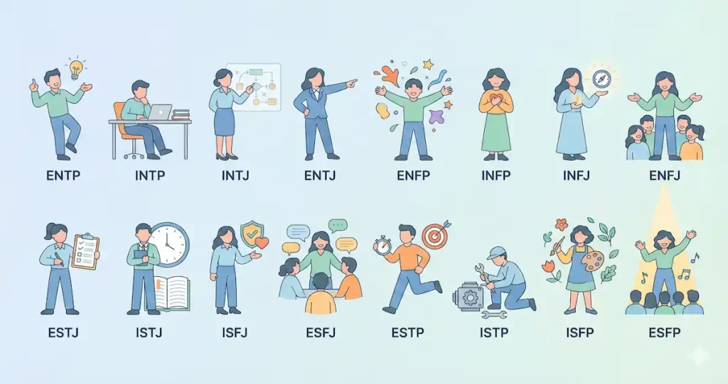 MBTIの16タイプを示すイラスト｜各性格タイプ（ENTP、INFJ、ISTPなど）の強みや適職を解説する図解