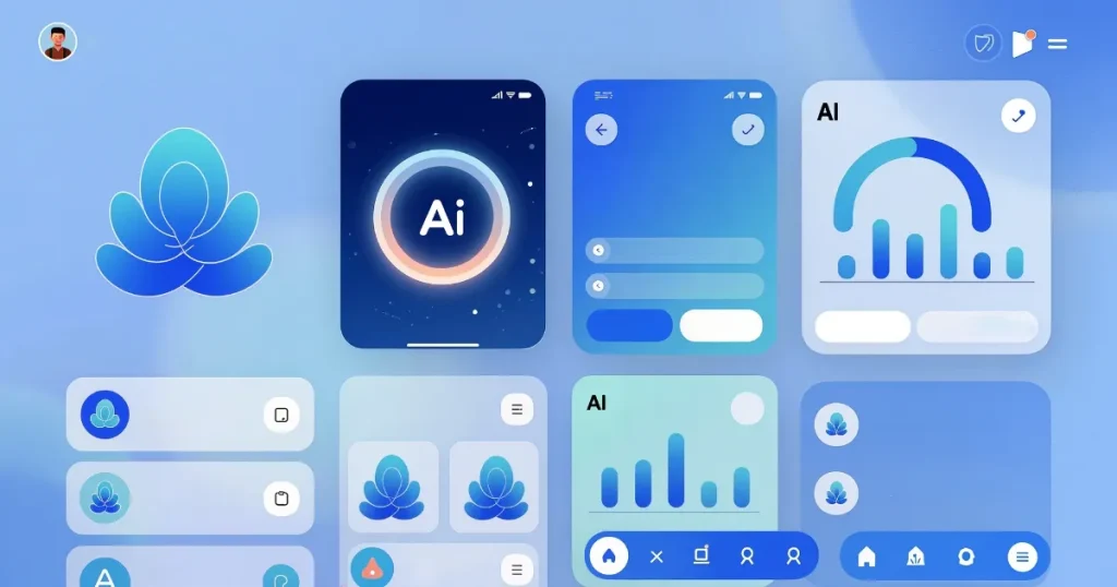 AI技術を象徴するインターフェースデザインとデータ分析を示すグラフィック AI面接で評価されるポイントに関するセクションを表現