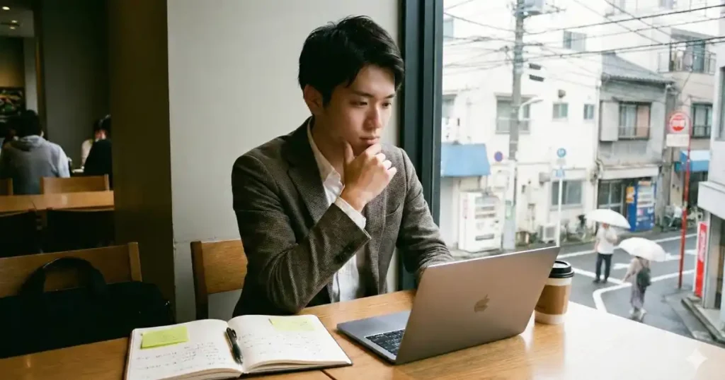 カフェでノートとパソコンを前に思案する男性。内定ブルーを解消するための具体的な方法について解説する「内定ブルーにならないためにやるべきこと【3つ】」セクションで使用されている画像。