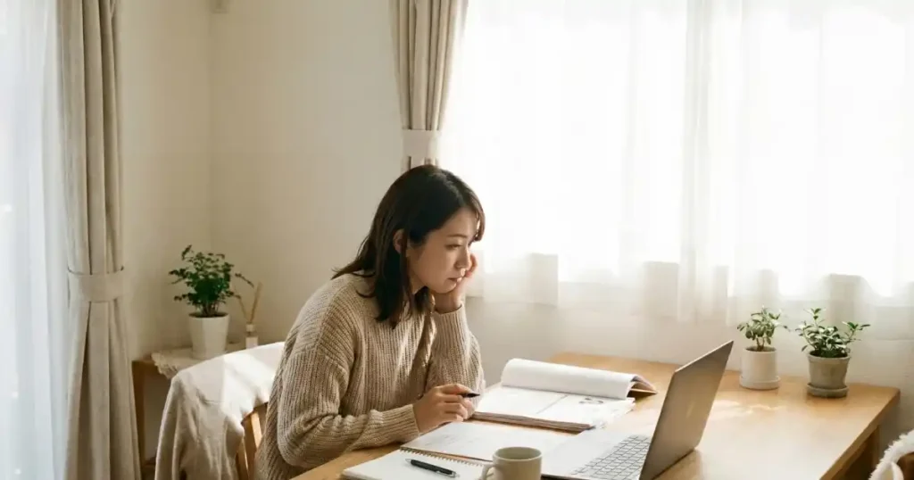 転職活動に悩む女性が自宅でパソコンと向き合い、資料を確認している様子｜転職者が抱える悩みランキング【TOP10】の説明に関連