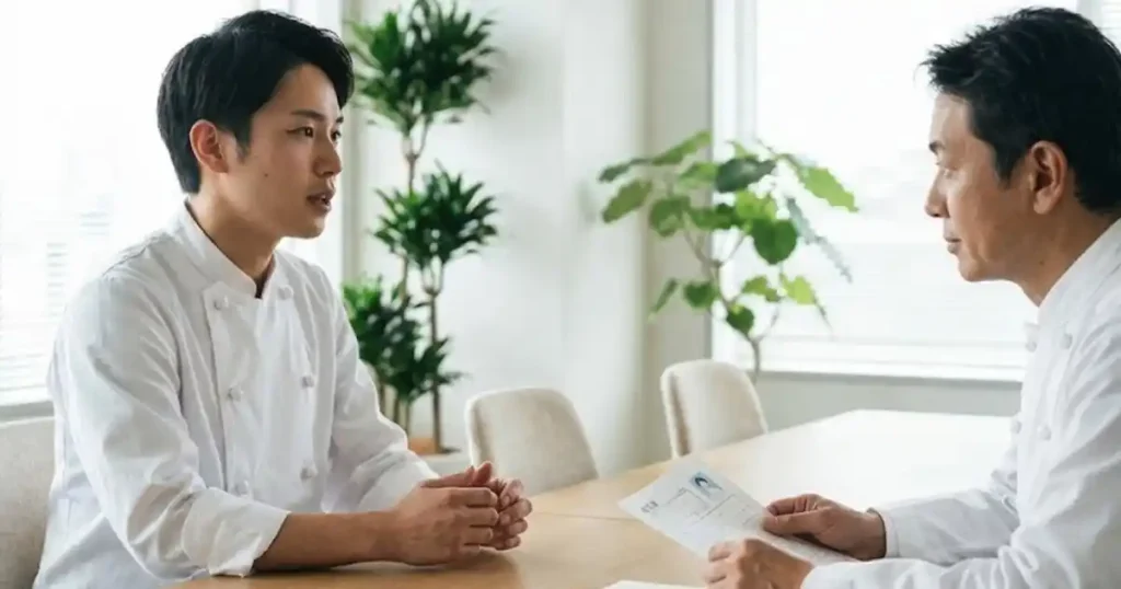 調理師志望者が採用担当者と面接で志望動機を説明しているシーン。採用担当者が評価する5つのポイント(志望理由の明確さや熱意など)を解説するセクション用の画像。